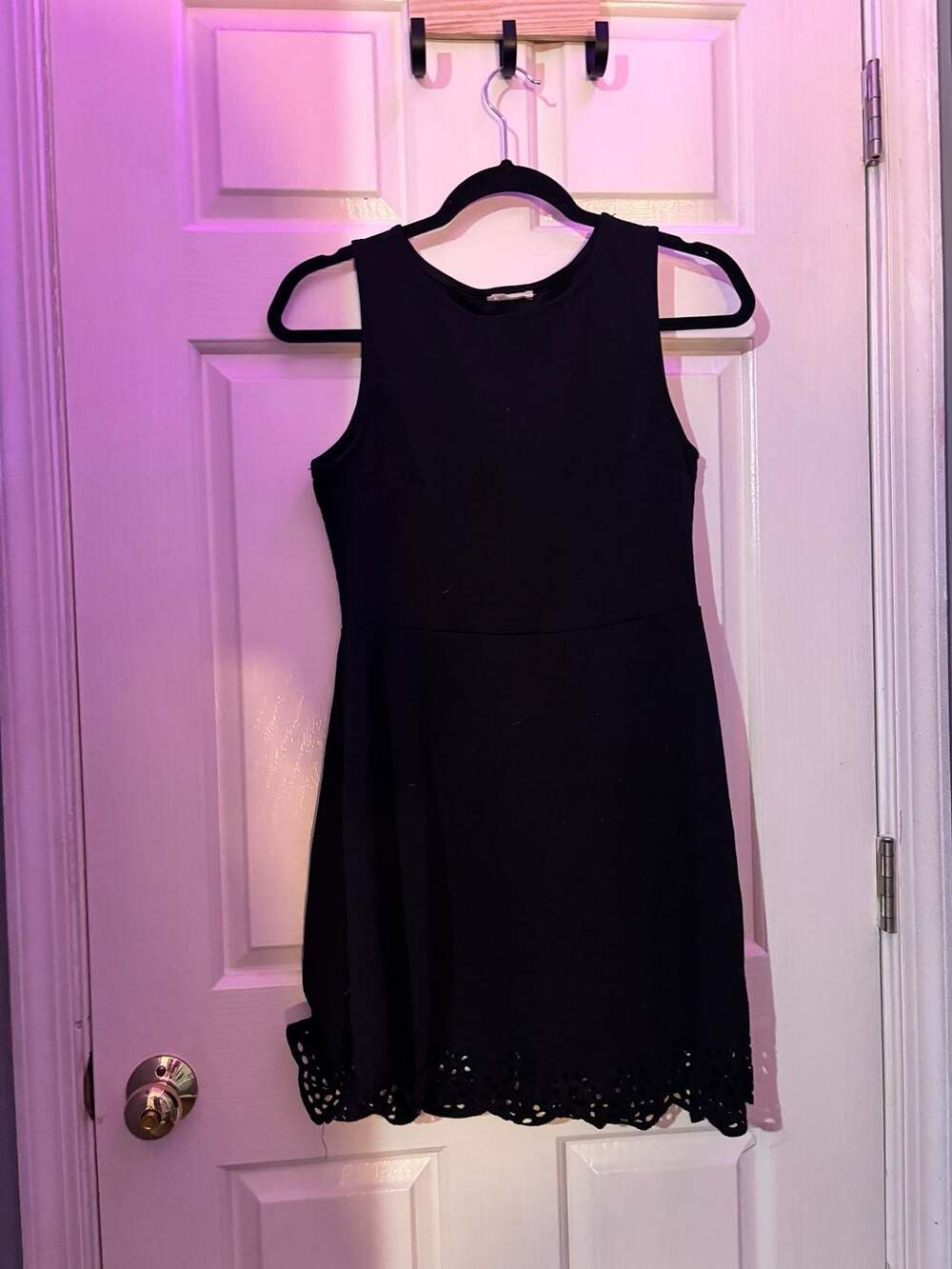 Peach Royal Sleeveless Black Fit and Flare Dress with Scalloped Eyelet Hem